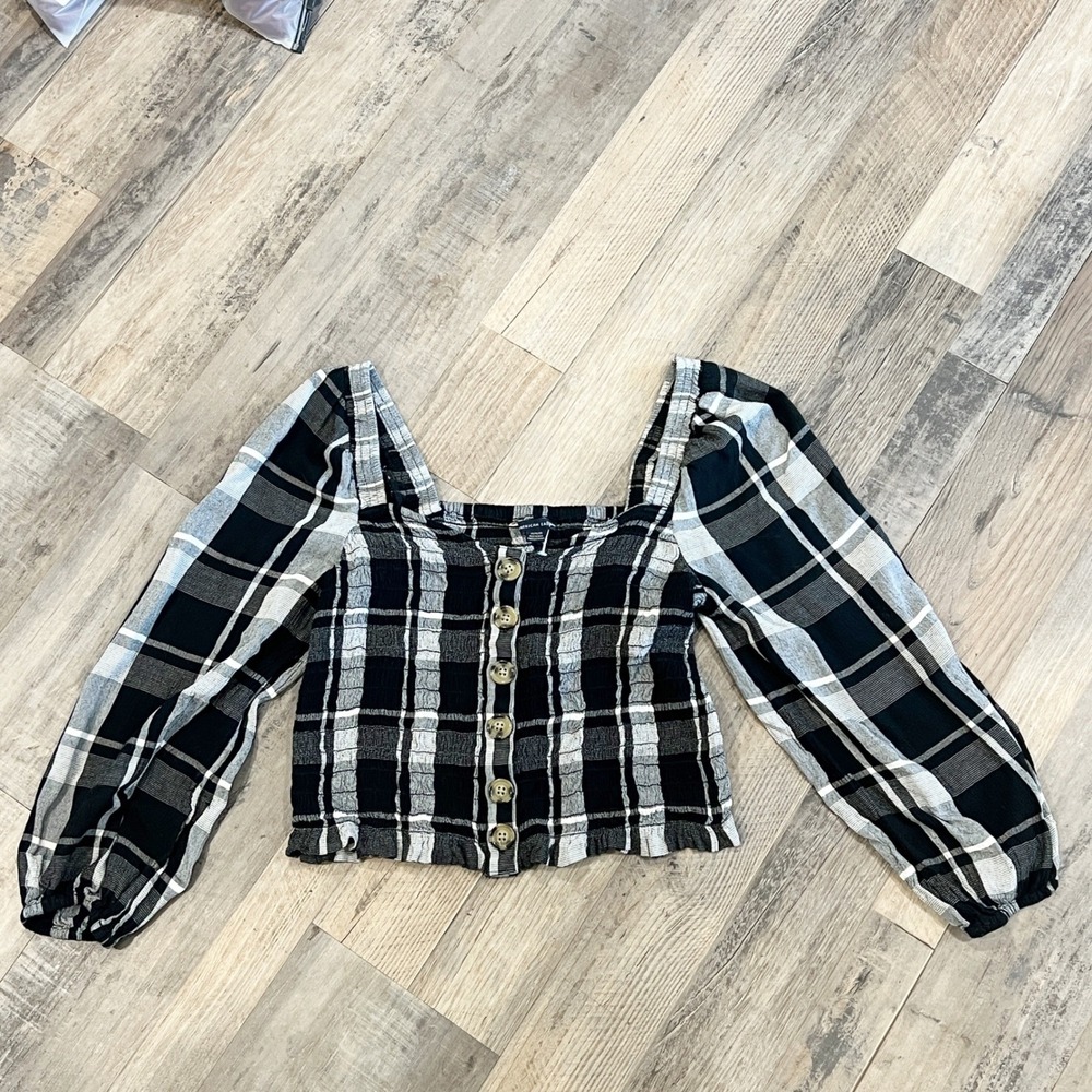 American Eagle Black White Plaid Puff Sleeve Crop Top Preppy Y2K Med
